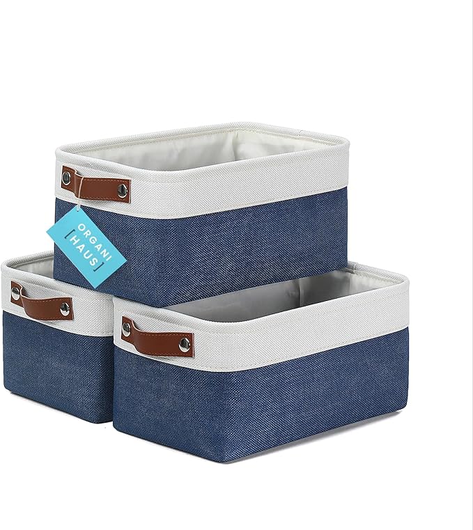 OrganiHaus Small Fabric Storage Baskets for Shelves 3 Pack, 12x8in Closet Storage Bins for Shelves, Cloth Baskets for Organizing, Linen Closet Organizers, Fabric Basket, Navy Blue/White