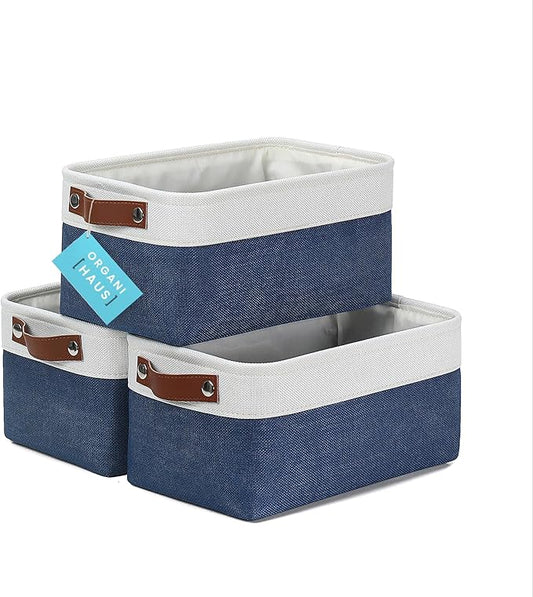 OrganiHaus Small Fabric Storage Baskets for Shelves 3 Pack, 12x8in Closet Storage Bins for Shelves, Cloth Baskets for Organizing, Linen Closet Organizers, Fabric Basket, Navy Blue/White