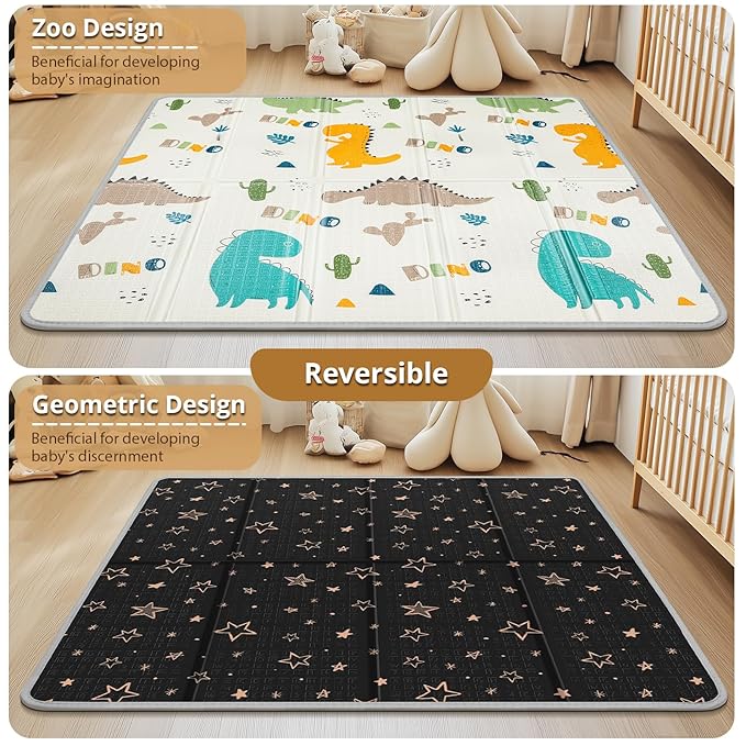 Foldable Baby Play Mat, PIGLOG Waterproof Playmats for Babies and Toddlers Kids, Safe Foam Playmat for Tummy Time, 50x50 Playpen Mat, Reversible Portable Baby Floor Mat for Infant, Toddler, Dinosaur