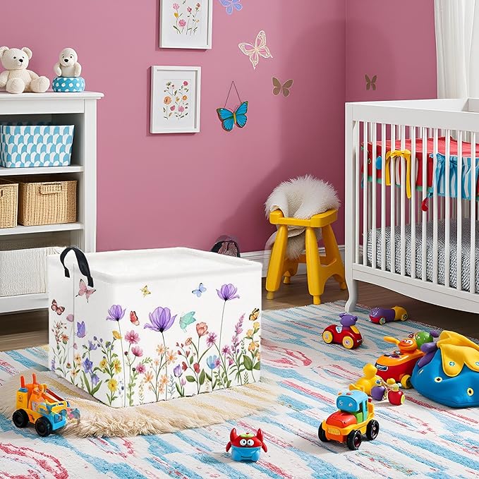 HIYAGON Rectangular Baby Girl Basket Kids Baby Storage Basket Toy Storage Bin Organizer Box Room Decor(Purple Flower)