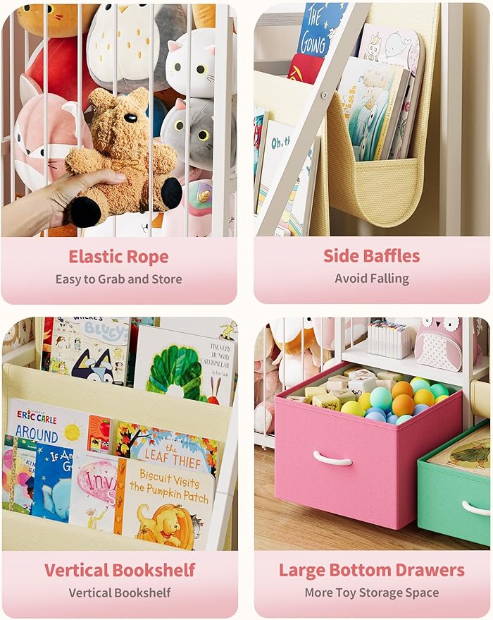 Kids Bookshelf and Toy Storage, Large 3 Tier Book Shelf for Kids Rooms, Sling Baby Bookcase with Stuffed Animal Storage, Toddler Montessori Bookshelf for Nursery, Playroom, Kindergarten