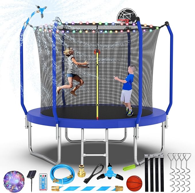 Upgraded Trampoline 8FT/10FT/12FT/14FT With Basketball Hoop, Light, Sprinkler, Stakes - Outdoor Backyard for 4-6 Kids and Adults
