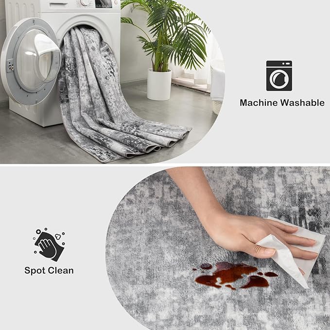 Kelarea Living Room Rug 6x9 Grey Rug Machine Washable Large Area Rugs, Non Slip Abstract Vintage Indoor Carpet for Bedroom, Nursery, Classroom, Dining Room, Home Office