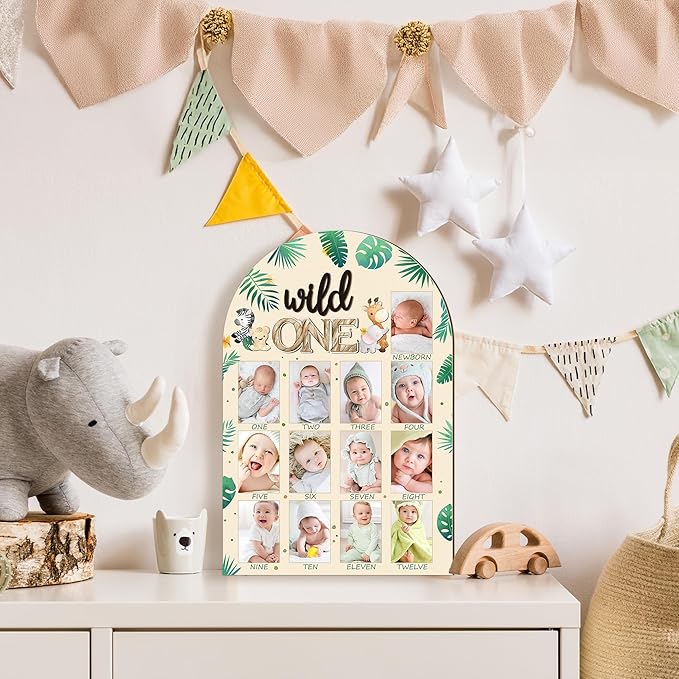 R HORSE My First Year Photo Frame Board, 3D Wild One Birthday Decoration, Jungle Themed Baby First Year Picture Frame 12 Months Milestone Display Wood Board Nursery Decor Gift for Boy Girl