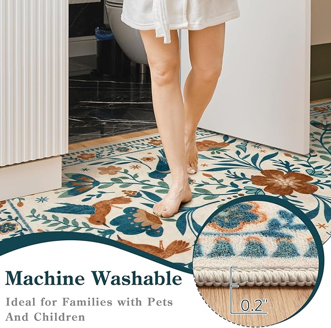 Moynesa Washable 3x5 Rug, Non Slip Kitchen Rugs Boho Bird Small Beige Living Room Area Carpet for Office Bedroom Bathroom, Indoor, Ultra Thin, Soft, Stain Resistant, Floral Entryway Mat