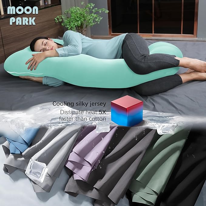 MOON PARK Pregnancy Pillows for Sleeping - U Shaped Full Body Maternity Pillow with Removable Cover - Support for Back, Legs, Belly, HIPS - 65 Inch - Turquoise - Cooling Cover