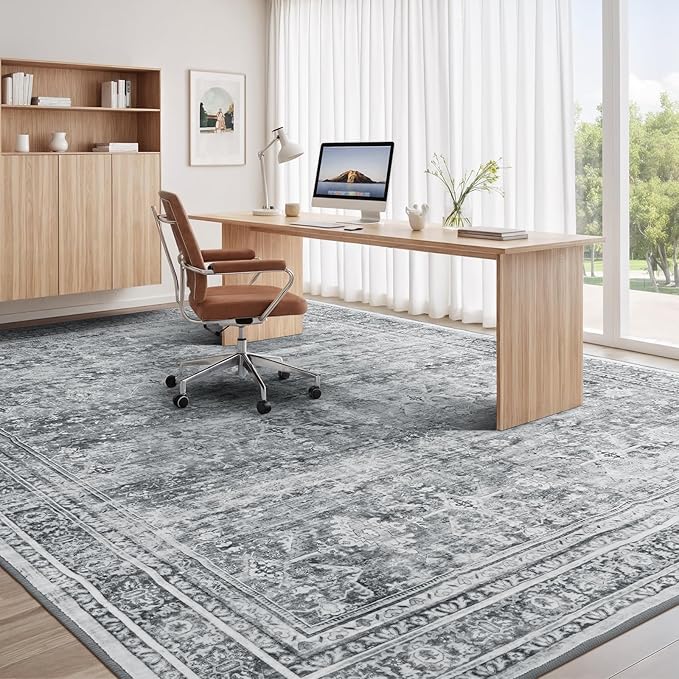 Lofus 9x12 Area Rug for Living Room,Grey Washable Large Rugs with Non-Slip Backing,Soft Neutral Carpets for Bedroom Dining Room Home Office Indoor Nursery