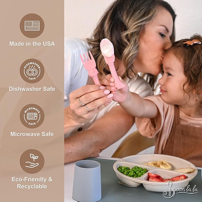 Made in USA Spoon la la Toddler Utensils Set (2 Pack) & Board Book - Spoon & Fork for Kids, Self-Standing 3D Ergonomic Cat & Dog Handles, BPA-free, Dishwasher Safe Baby Silverware (Pink)