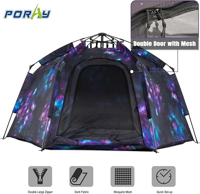 Portable Hexagon Kids Play Tent with LED Strip Lights Indoor Children Play House Easy Set-up Space Dream Tent for Night.4-5 Person Large Tents & Birthday Gifts