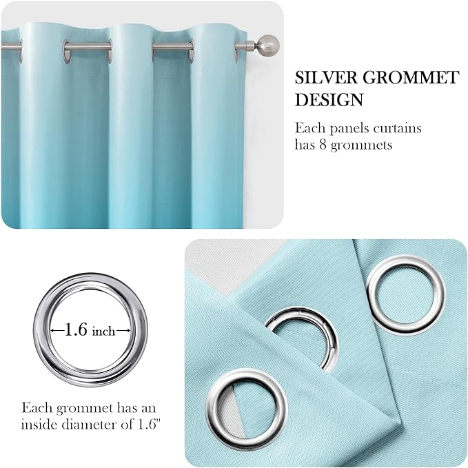 HOMEIDEAS Turquoise Ombre Blackout Curtains 52 X 84 Inch Length Gradient Room Darkening Thermal Insulated Energy Saving Grommet 2 Panels Window Drapes for Living Room, Bedroom