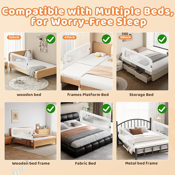 Bed Guard Rail for Toddlers - 47inch Foldable & Adjustable Height Baby Bed Safety Side Rails - Large Toddler Crib Railing Guard for Twin, Bunk, Full Size, Queen & King, Full Size Bed