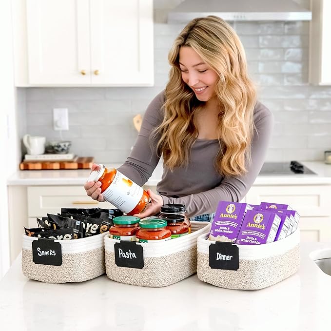 NaturalCozy 11.8"x8"x4.5” Storage Baskets for Shelves 3 Pack | Cotton Rope Woven Small Baskets for Organizing | Small Storage Bins for Nursery, Bathroom, Closet, Cube Shelf, Decorative, Gift Basket