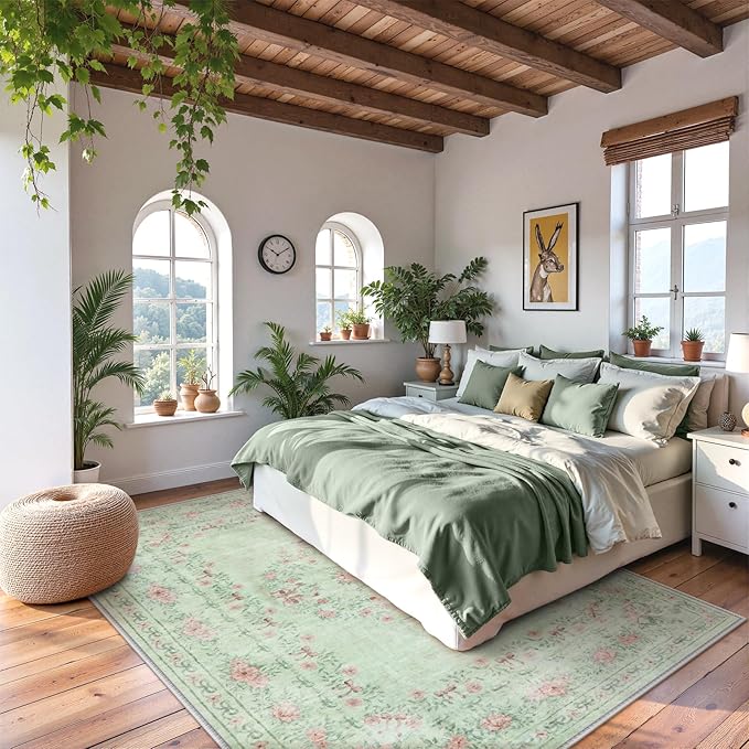 Wonnitar Green Area Rug for Living Room, Floral Bow 8x10 Washable Rug, Ultra-Thin Non Shedding Soft Boho Carpet for Bedroom Dining Room Playroom Dorm, Light Green