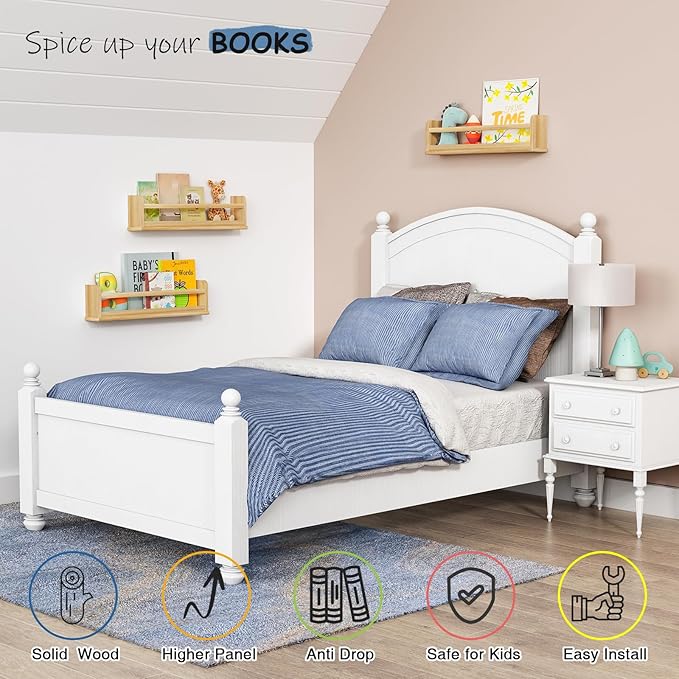 Natural Wood Wall Bookshelf for Kids Bedroom Set of 3, 24 Inch Wooden Floating Nursery Book Shelves for Baby Boys Girls Room, Mounted Toddler Book Shelf for Toy Organizers and Storage