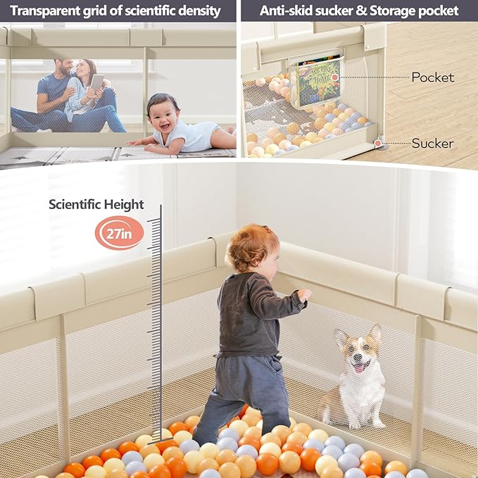 Fodoss Baby Playpen with Mat, Small Baby Play Pen(47x47inch), Playpen for Babies and Toddler (47×47inch Beige with mat)