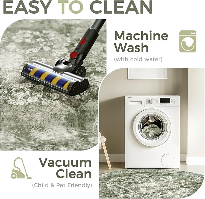 jinchan Round Rug 8ft Area Rug - Green Vintage Floor Mat Kitchen Indoor - Washable Circle 8' Thin Floral Print Carpet Retro Farmhouse Non Slip Dining Room Living Room Bedroom Office