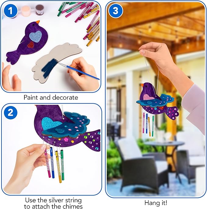ArtCreativity DIY Wind Chime Kit for Kids - 8 Pack - Wooden Wind Chime Set with Paint Kit, Rhinestone Flower Stickers, Glitter Heart Foam Stickers, and More - Summer Arts and Crafts for Kids 3 and Up