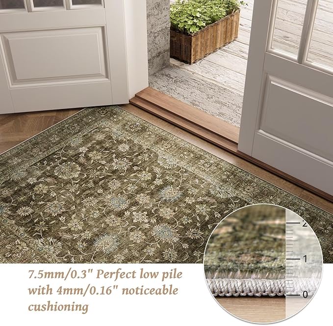 Washable 5x7 Area Rugs for Living Room, Boho Non-Slip Silicone Backing Rugs for Bedroom Dining Room Nursery Office, 0.3" Neutral Oriental Throw Carpet with 0.16" Cushioning Pad, Flaxen/Multi