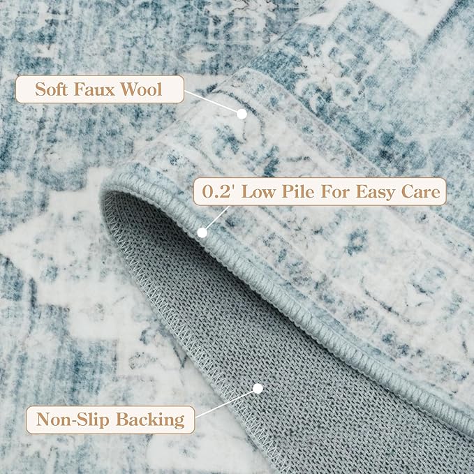 LIVEBOX Bedroom 4x6 Washable Area Rug for Entryway Kitchen, Non-Slip Soft Boho Rugs for Dining Room Office, Farmhouse Low-Pile Neutral Soft Carpet for Nursery Room Playroom, Blue