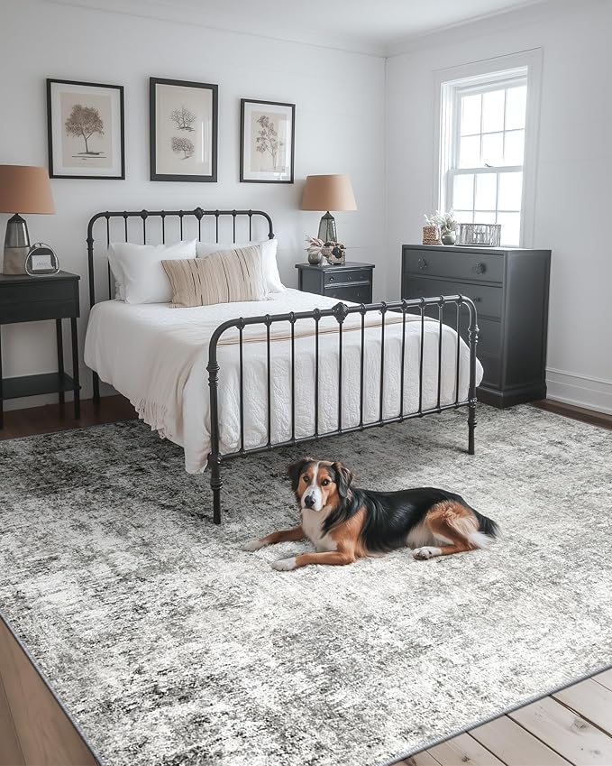 Washable Area Rugs 9'x12' Non-Slip Modern Abstract Soft for Living Room Entryway Bedroom Nursery, Print Pattern, Gray White Grey