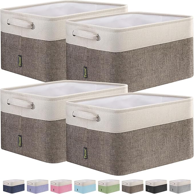 BALEINE 4 Pack Fabric Storage Bins for Shelves, Linen Storage Baskets for Organizing, Decorative Closet Bins for Clothes, Home (Brown, 12"x8"x8")