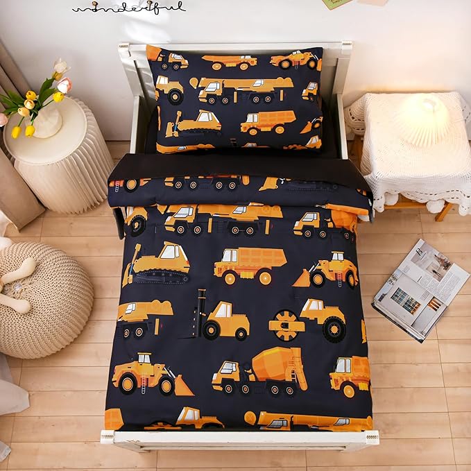 NTBED 4 Pieces Construction Toddler Bedding Set for Baby Boys, Truck Vehicles Excavator Cars Printed, Includes Comforter, Flat Sheet, Fitted Sheet and Pillowcase,Black