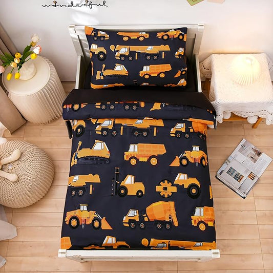 NTBED 4 Pieces Construction Toddler Bedding Set for Baby Boys, Truck Vehicles Excavator Cars Printed, Includes Comforter, Flat Sheet, Fitted Sheet and Pillowcase,Black