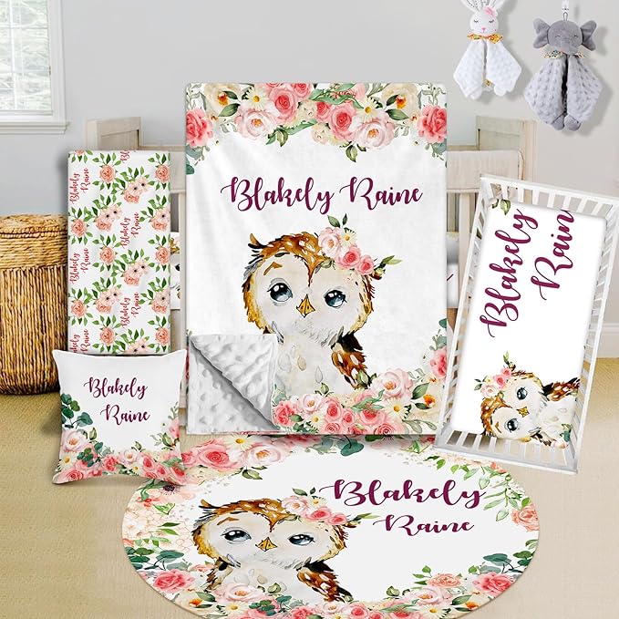 Custom Crib Bedding Set - Owl Design Personalized Name Baby Nursery Bed 3 Pcs Set - Chic Soft Blanket with Dotted Backing, Sheet, Pillowcase for Newborn Girls Boys Gifts Color22