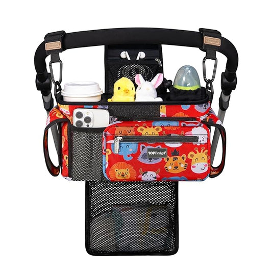 TOPDesign Universal Baby Stroller Organizer, Stroller Caddy with Detachable Mesh Bag & Heightened Insulated Cup Holders & Non-Slip Secure Hooks Accessories, Fits Most Strollers (Zoo 3)