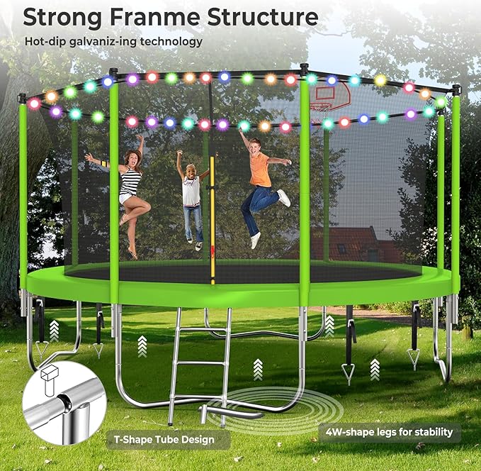 Upgraded 10/12/14/15/16FT Trampoline Outdoor, Large Kids Trampoline with Light, Stakes, Sprinkler, Backyard Trampoline with Basketball Hoop and Net, Capacity for 4-6 Kids and Adults
