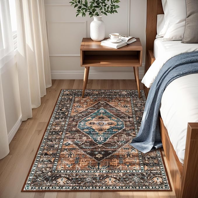 Lahome Washable Living Room Area Rug - 3x5 Non-Slip Ultra-Thin Rugs for Entryway, Throw Small Stain Resistant Kitchen Rugs, Vintage Medallion Print Carpet Rug for Office Bedroom Laundry Room Office