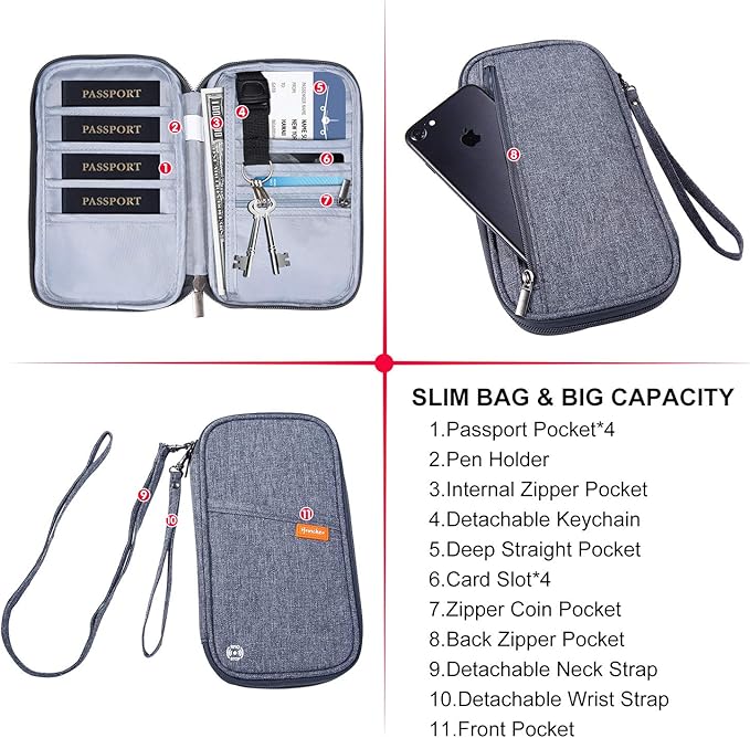 RFID Family Passport Wallet Holder Waterproof, Travel Document Organizer Credit Card Clutch Bag for Men Women