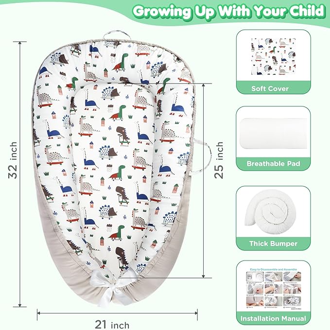 KISS GOLD Baby Lounger - Breathable Soft Cotton Cover Baby Lounger Nest, Babies Essentials Gifts, Portable Lounger for Baby Tummy Time Floor Playing Seated Support for Home and Travel