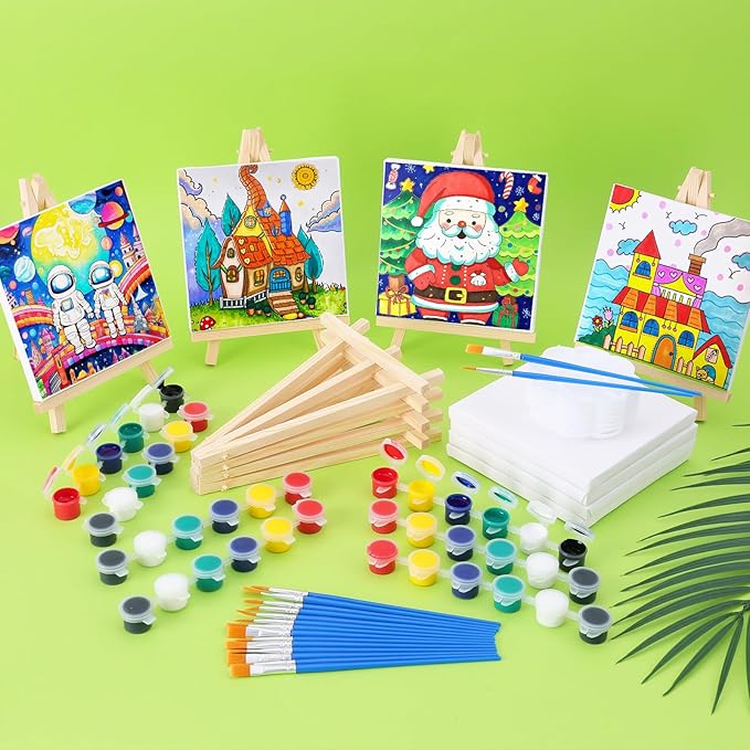 ESRICH 24 Set Mini Acrylic Paint Kit,5in Mini Stretched Canvas with 7.5in Easel,Acrylic Paint Strips,Paint Palettes,Painting Brushes, Small Canvas and Easel Set for Kids Artists Beginner,Gift