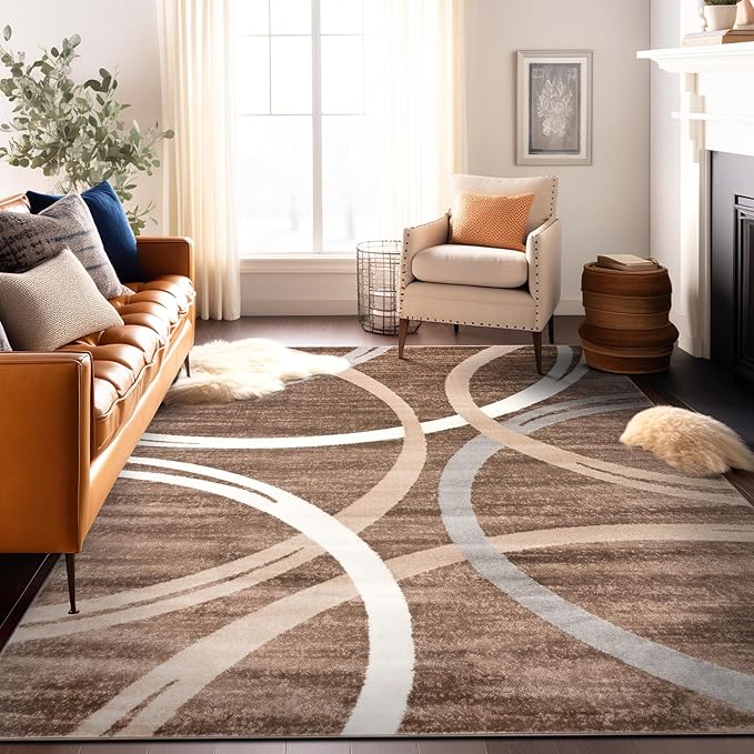 Rugshop Modern Wavy Circles Design Area Rug 8'8" x 12' Brown