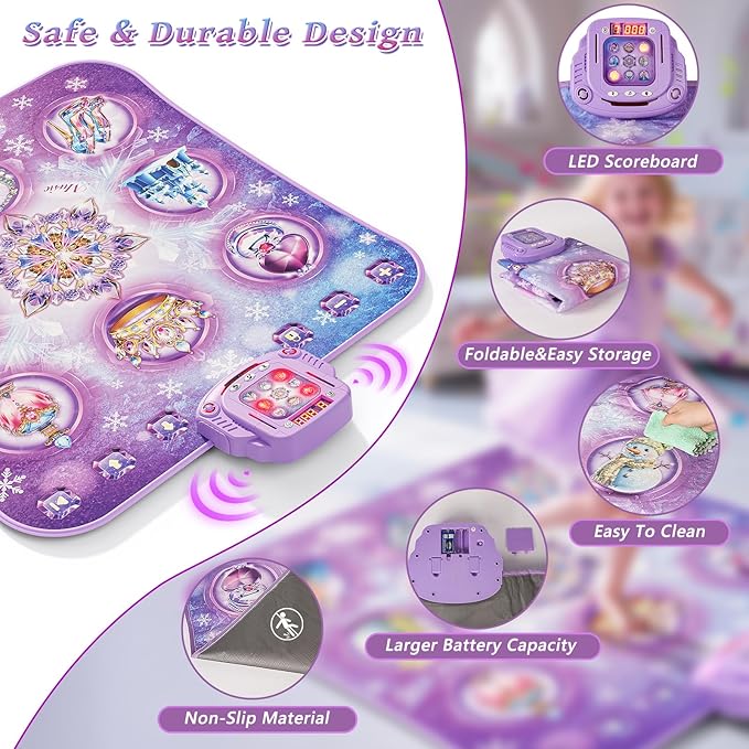 Dance Mat Toy for 3-12 Year Old Girls, Electronic Dance Pad with Wireless Bluetooth,Frozen 8-Button Music Princess Toys Play Mat for Kids with LED Light, Built-in Music, Toddlers Birthday Gift Ages 3+
