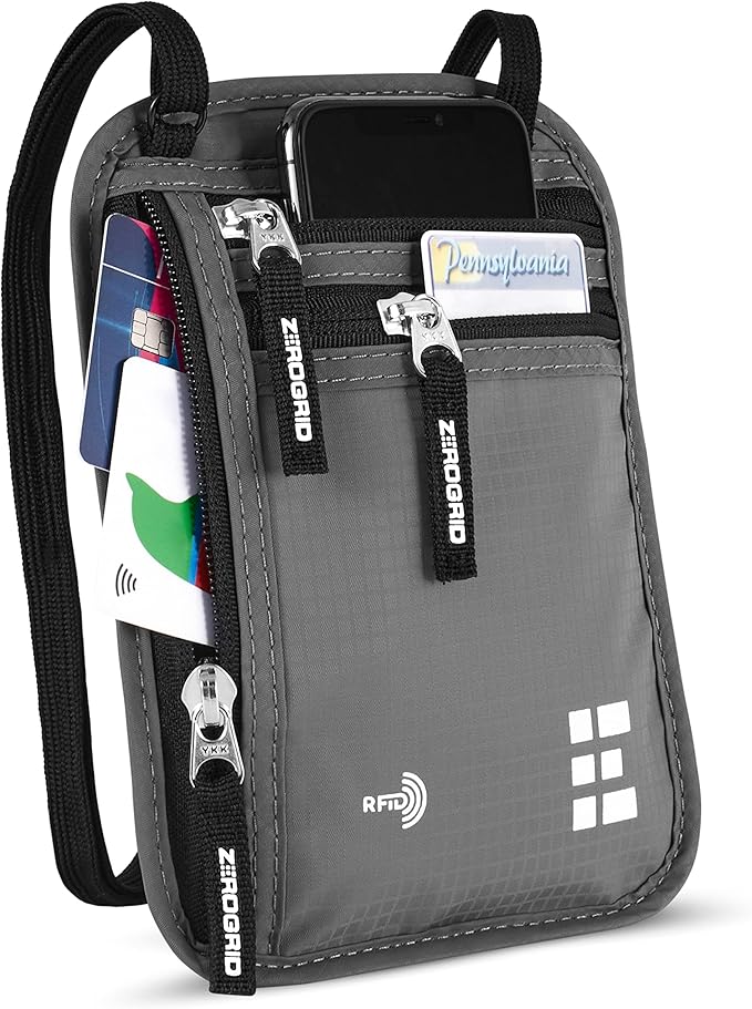 Neck Wallet for Travel & Passport Holder with RFID Blocking - Slim & Easy to Conceal Nylon Travel Pouch for men & women - Holds Phone, Cash, Cards, Keys - Sweat & Water Resistant - Large - Light Grey