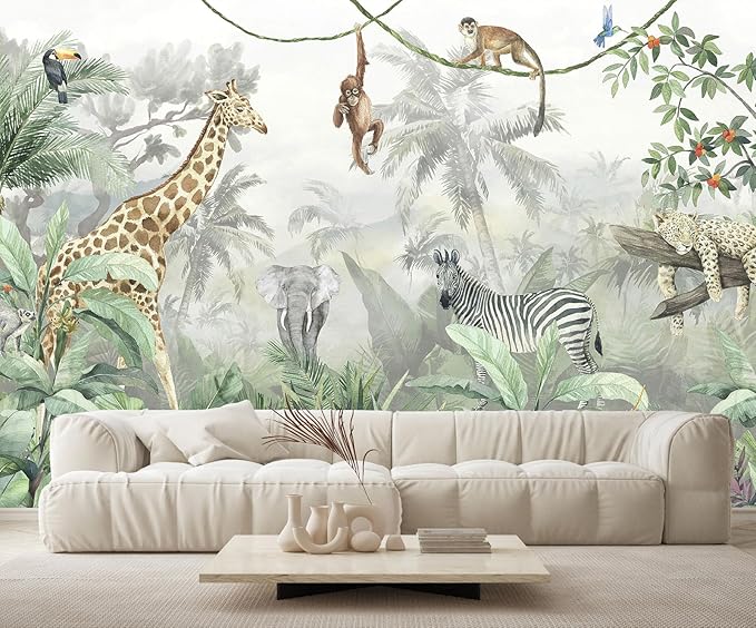 Nursery Safari Wallpaper Kids Tropical Jungle Banana Leaf Wall Mural Animals Wall Decor for Boys Room Girls Room Bedroom Living Room(Not Self-Adhesive)
