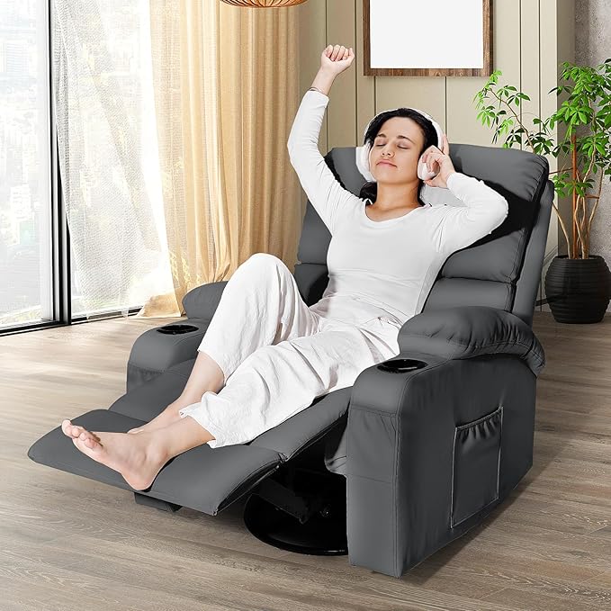 Rocking Recliner Chair, Massage Rocker Recliner Chair with Vibration Massage and Heat, USB and Type-C Ports,360° Swivel Faux Leather Chairs, Living Room, Bedroom, Nursery, RV, Dark Grey