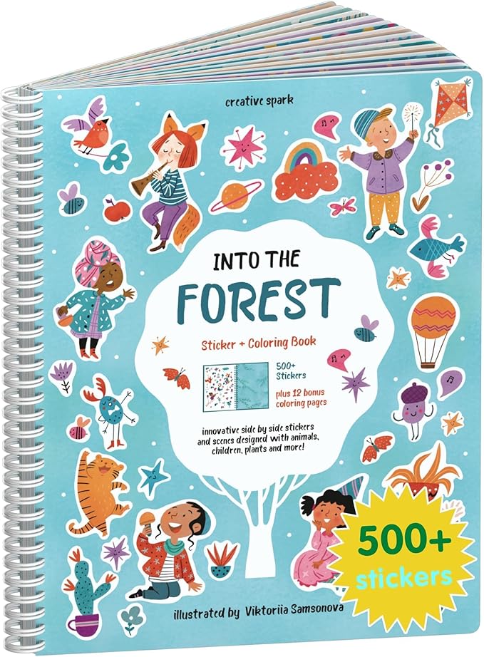 Whimsical Sticker Book Activity for Kids, Into The Forest by Cupkin, Toddler Airplane Travel Essentials, 500+ Stickers for Kids 12 Scenes + Coloring Book Pages, Crafts Ages 2-8