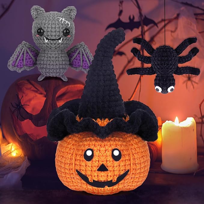 Crochetta Crochet Kit for Beginners, Halloween Decorations, Pumpkin Spider Bat Crochet Animal Kit for Adults and Kids with Step-by-Step Video Tutorials, DIY Knitting(40%+ Yarn)