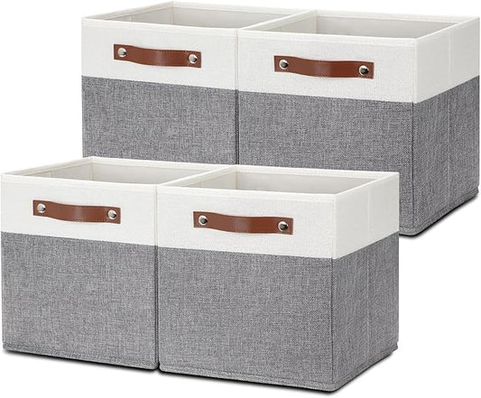 HNZIGE Set of 4, Foldable Storage Cube Bin Baskets, Fabric 11x11 Cube Storage Bins for Storage with Handles, Shelf Bins for Cube Home Toy Nursery Closet(White Gray)