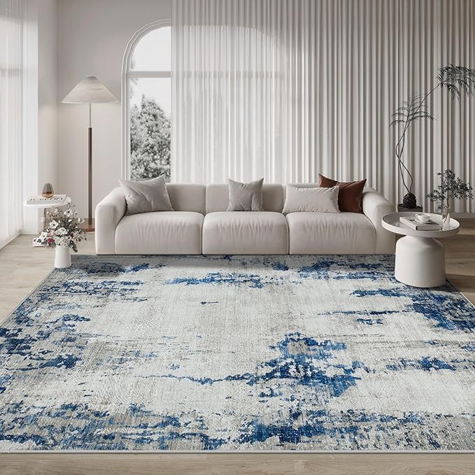 9x12 Area Rugs for Living Room Rug Washable: Modern Large Rug for Dining Room Bedroom Carpet Non Slip 9 by 12 Indoor Abstract Nursery Home Office Blue White