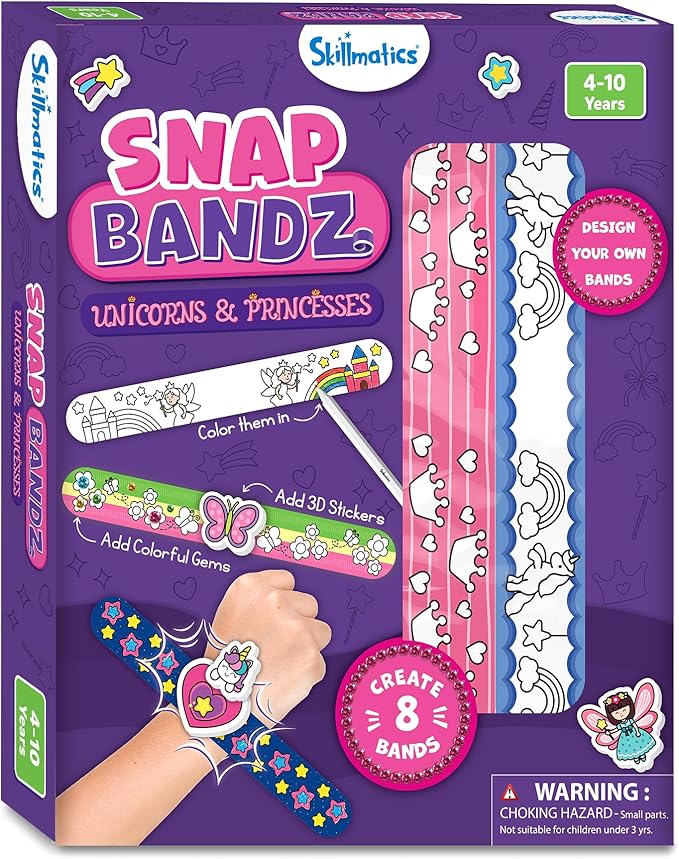 Skillmatics Craft Activity - Snap Bandz, Unicorns & Princesses, DIY Art & Craft Activity, Mess-Free, Creative Kit, 8 Bands (8.6"), Gifts for Girls & Boys Ages 4, 5, 6, 7, 8, 9, 10