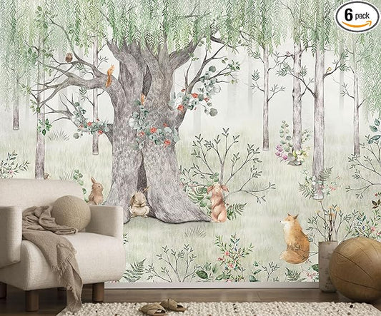 Watercolor Forest Animals Wallpaper Kids Large Tree Mural Wallpaper for Kids Bedroom Living Room(Not Self-Adhesive)