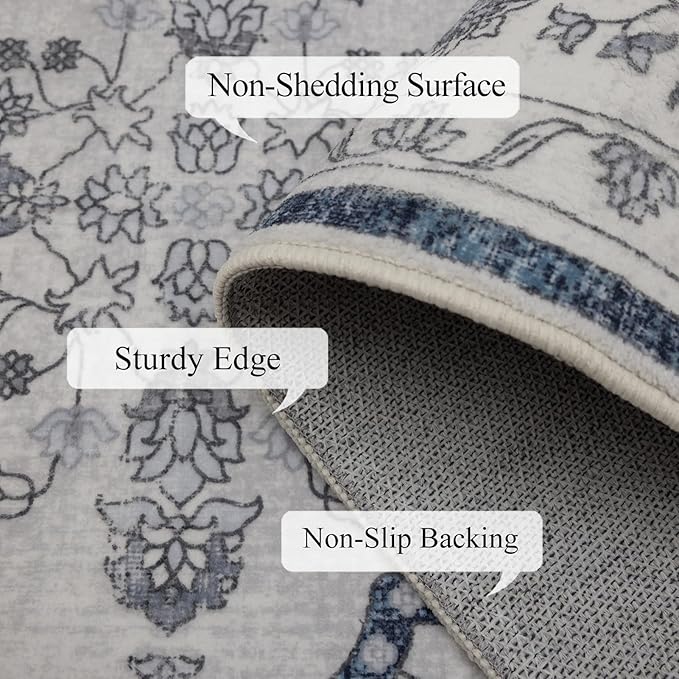 Washable Rugs 5x7 Area Rugs for Living Room, Thin Carpet for Bedroom, Soft Faux Wool Retro Dining Room Rug，Non Slip&Non-Shedding Resistant Low Pile Vintage Print Rug for Home Office (Grey/Blue)