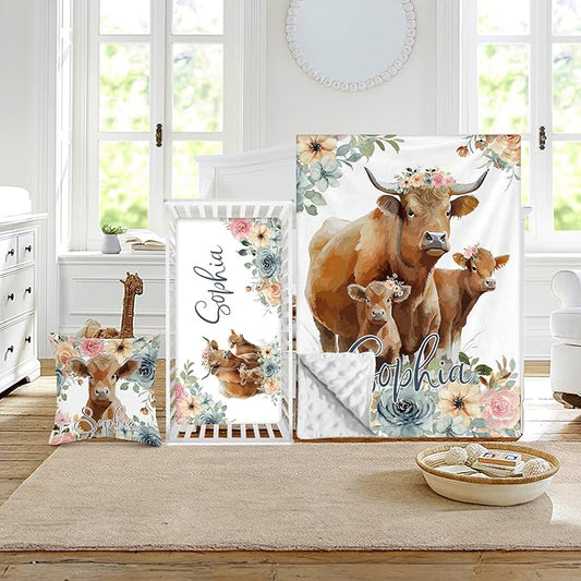Custom Crib Bedding Set - Highland Cow Design Personalized Name Baby Nursery Bed 3 Pcs Set - Chic Soft Blanket with Dotted Backing, Sheet, Pillowcase for Newborn Girls Boys Gifts Color03