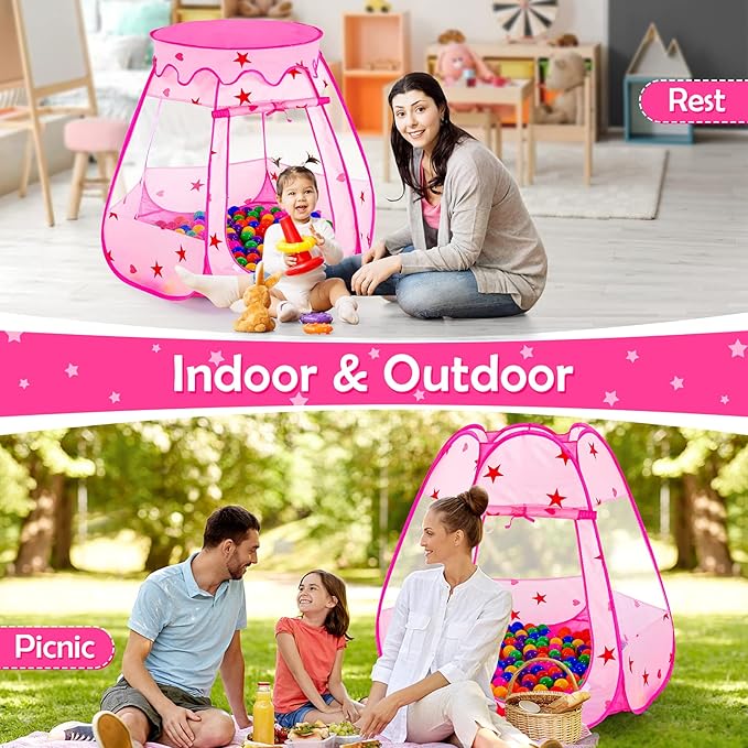 Baby Ball Pit for Toddler with 150 Balls, Kids Pop Up Play Tent for Girls, Princess Toys for Children Indoor & Outdoor Playhouse with Carry Bag (Pink: 7 Bright Colors, 109x90cm/150 Balls)