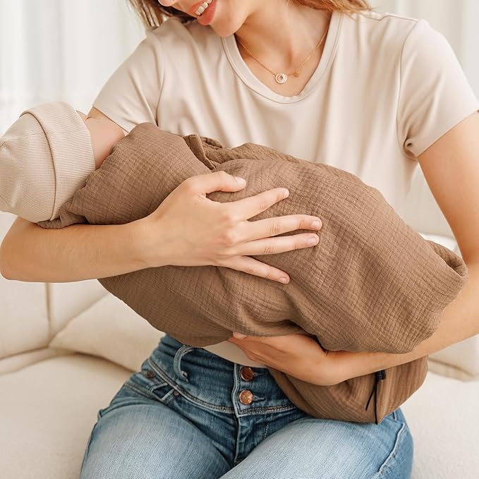 Konssy Muslin Nursing Cover for Breastfeeding, 360° Full Privacy Breathable 100% Cotton Breastfeeding Cover, Multi-use Carseat Canopy(Brown)