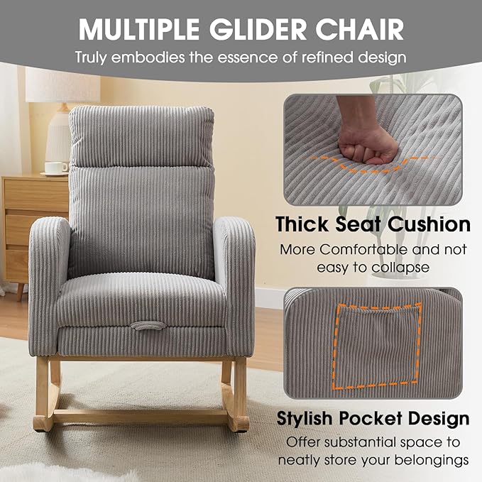 NIOIIKIT Nursery Rocking Chair, Corduroy Upholstered Rocking Chair with Adjustable Footrest, Tufted Rocker Chair with Side Pocket, Glider Rocker for Living Room, Bedroom (Gray Modern)